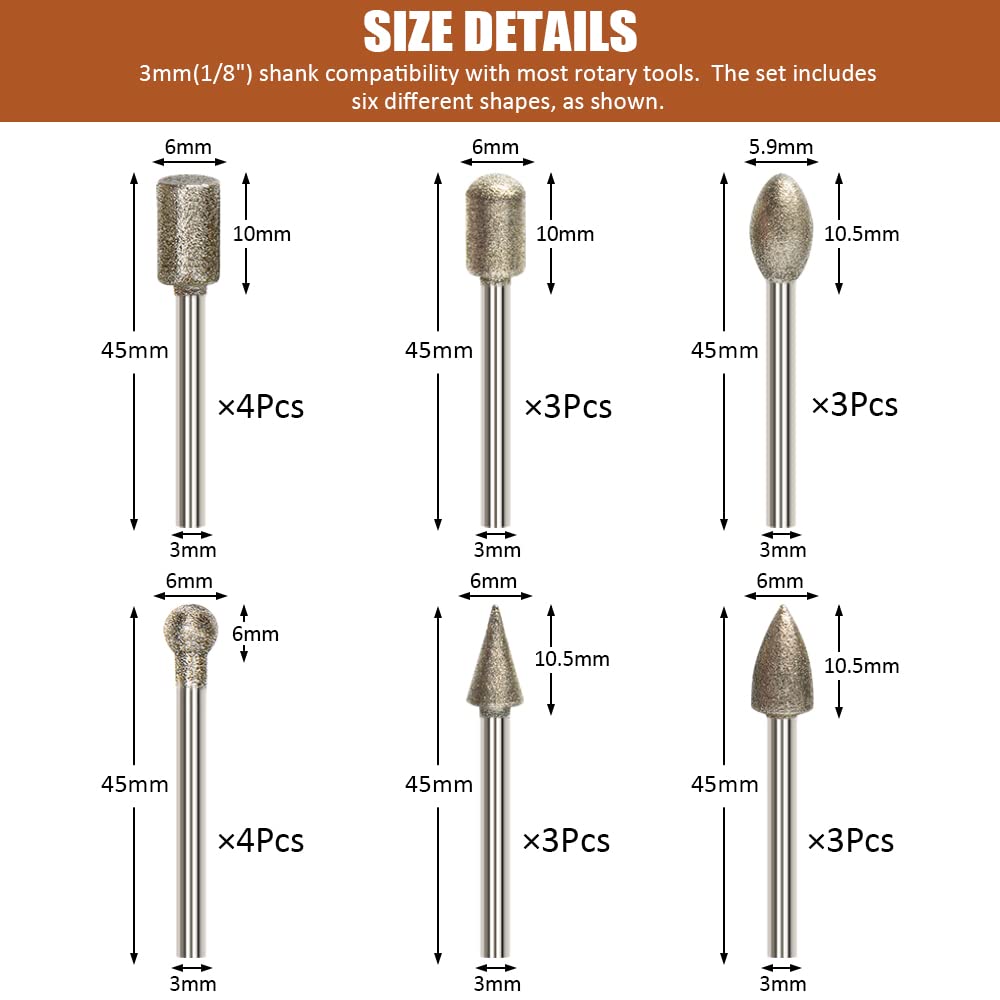 Diamond Drill Grinding Bit Set, Stone Carving Rotary Tools Polishing Kits Diamond-Coated with 1/8-inch Shank Universal Fitment for Stone Glass Ceramics