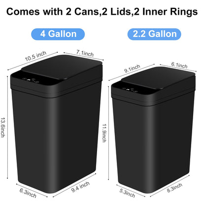 Anborry Bathroom Automatic Trash Can 2 Pack 2.2 Gal & 4 Gal Touchless Motion Sensor Small Garbage Can with Lid Smart Electric Narrow Garbage Bin for Bedroom Office Kitchen (Black)