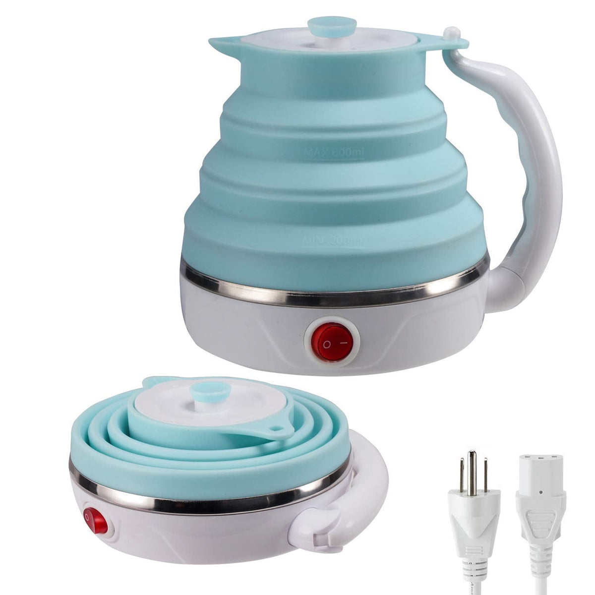 Travel Foldable Electric Kettle, Collapsible Electric Kettle Food Grade Silicone Small Pot Boiling water,Dual Voltage（600ml,110-220V US Plug） (Blue)