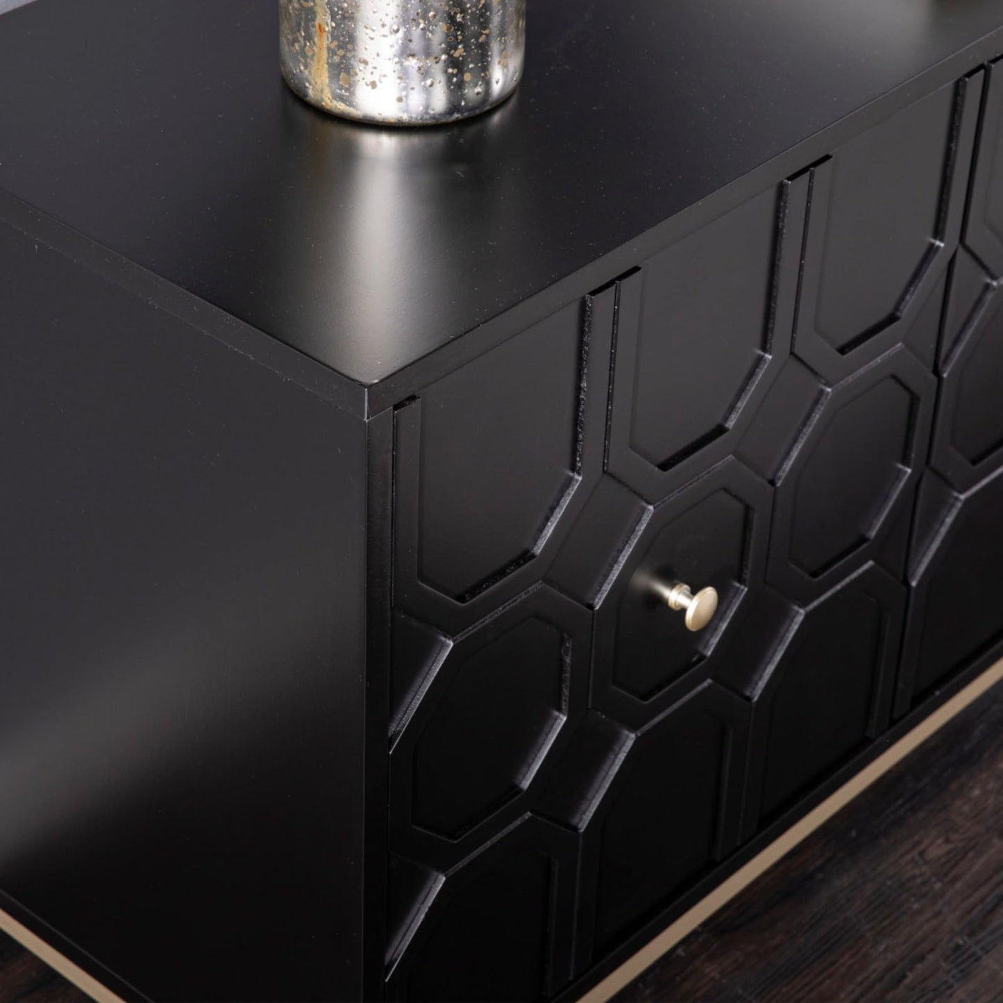Hassyee Modern Design Two Carved Door Accent Cabinet with Metal Base, Space Saving Floor Display Cabinet for Stemware, Board Games, or Movie Collection