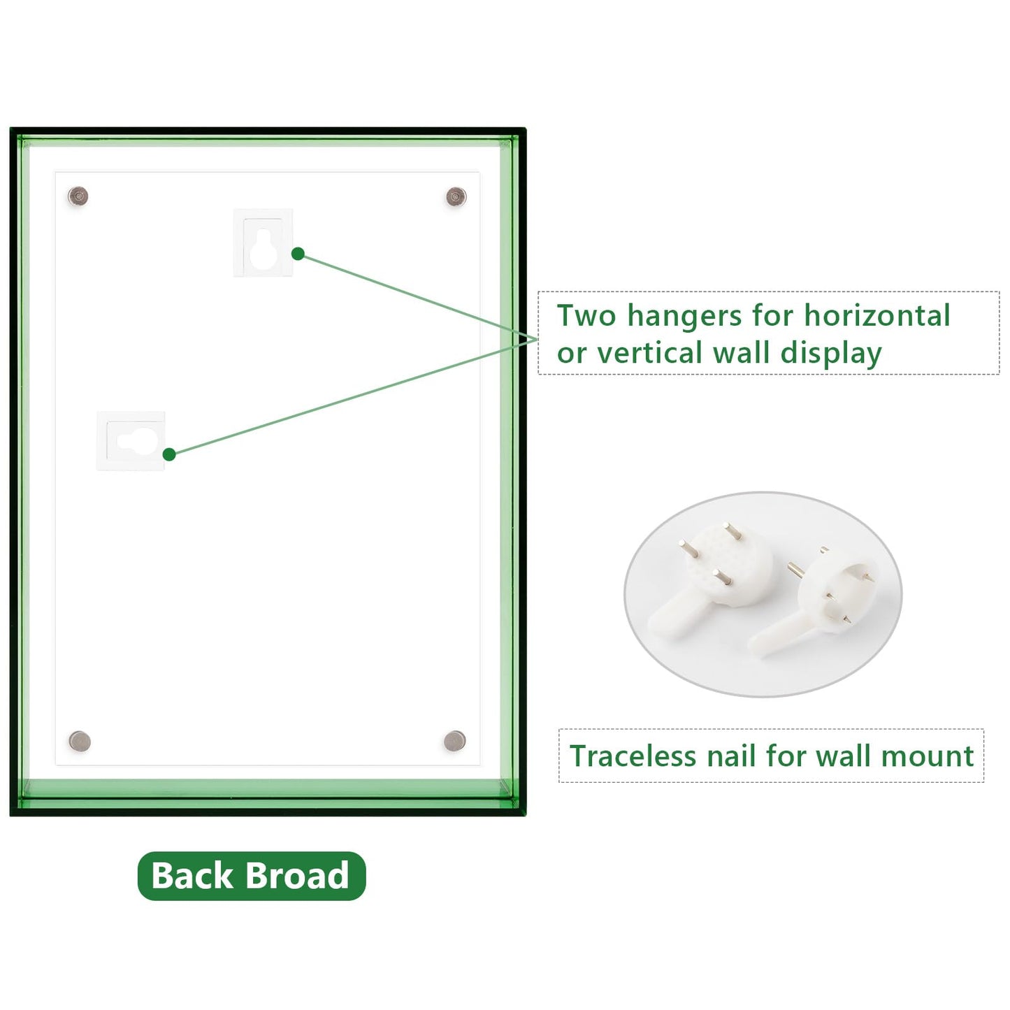 5x7 Acrylic Picture Frame Green - Clear Floating Photo Frames for 5 x 7 Inches Art Print - Individual for Tabletop Display - With Hangers for Wall Mount Horizontal or Vertical - 1 Pack