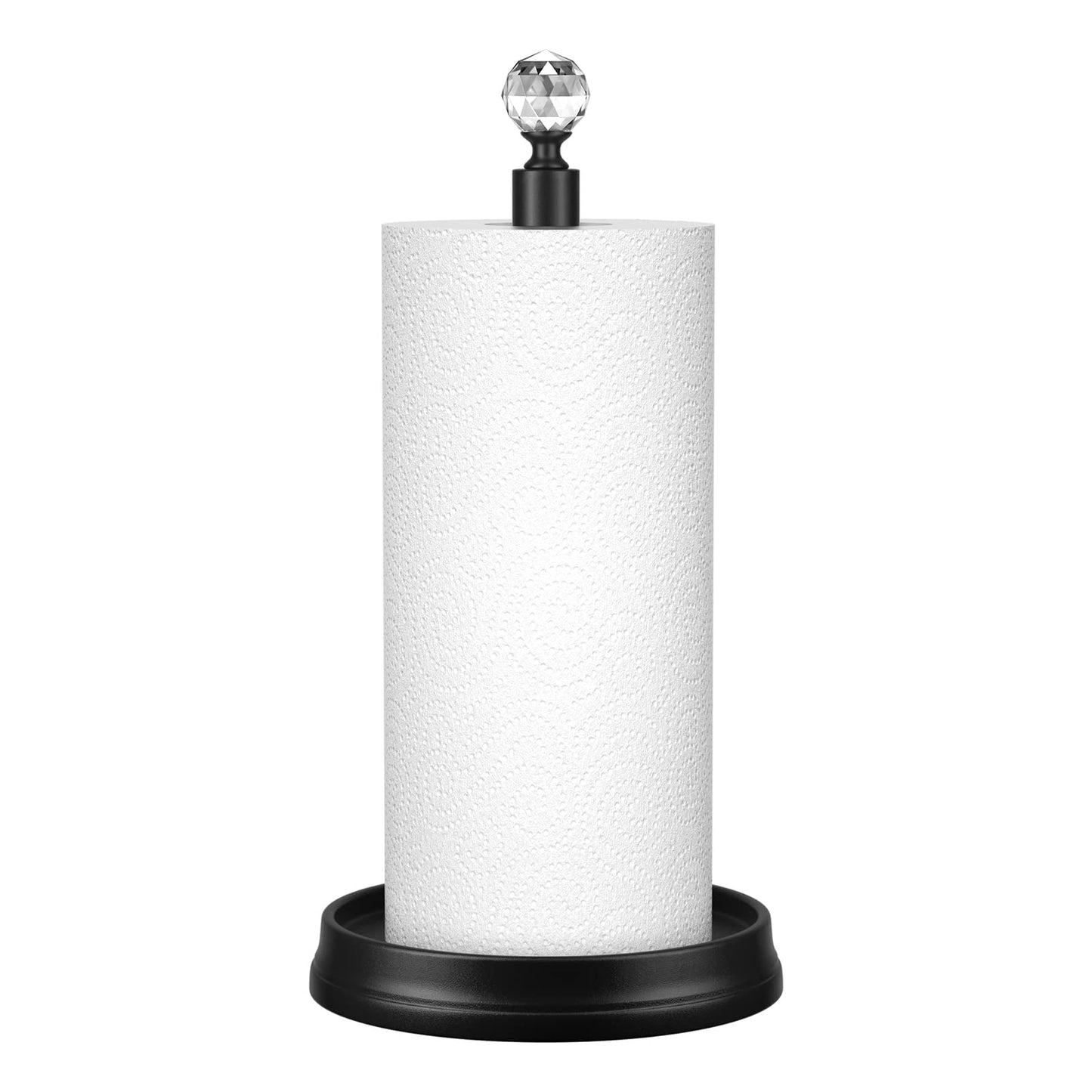 KASUNTO Crystal Head Paper Towel Holder - Steel Countertop Stand for Kitchen, Bars & Dining Tables - Fits Standard & Jumbo Rolls - Matte Black