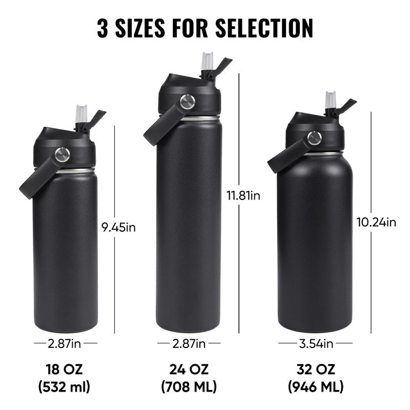 Fijinhom 24oz Insulated Stainless Steel Water Bottle, Wide Mouth Double Wall Vacuum, Silicone Straw, Sweat & Leak Proof, BPA Free Insulated Water Flask for Travel, Keep Cold 24h Hot 12h, Black