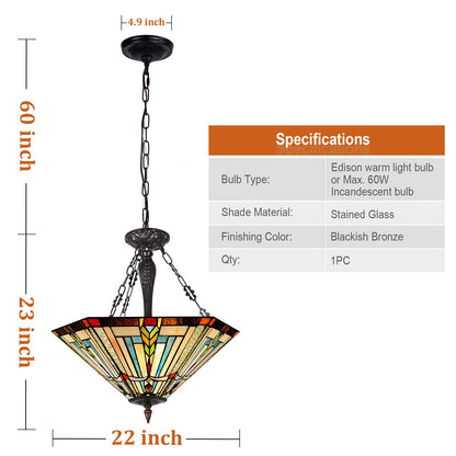 COTOSS Tiffany Pendant Light Fixtures,22" Wide Large Stained Glass Inverted Ceiling Pendant for Dining Room,Antique Style 3 Lights Hanging Lamp for Living Room Lobby Stairway