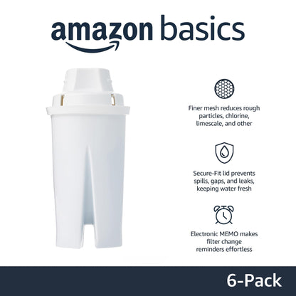 Amazon Basics Enhanced Replacement Water Filters for Pitchers, BPA-Free, WQA & NSF Certified, Compatible with Brita Pitchers & Drinking Water Filter Systems, 1 Year Supply, 6-Pack