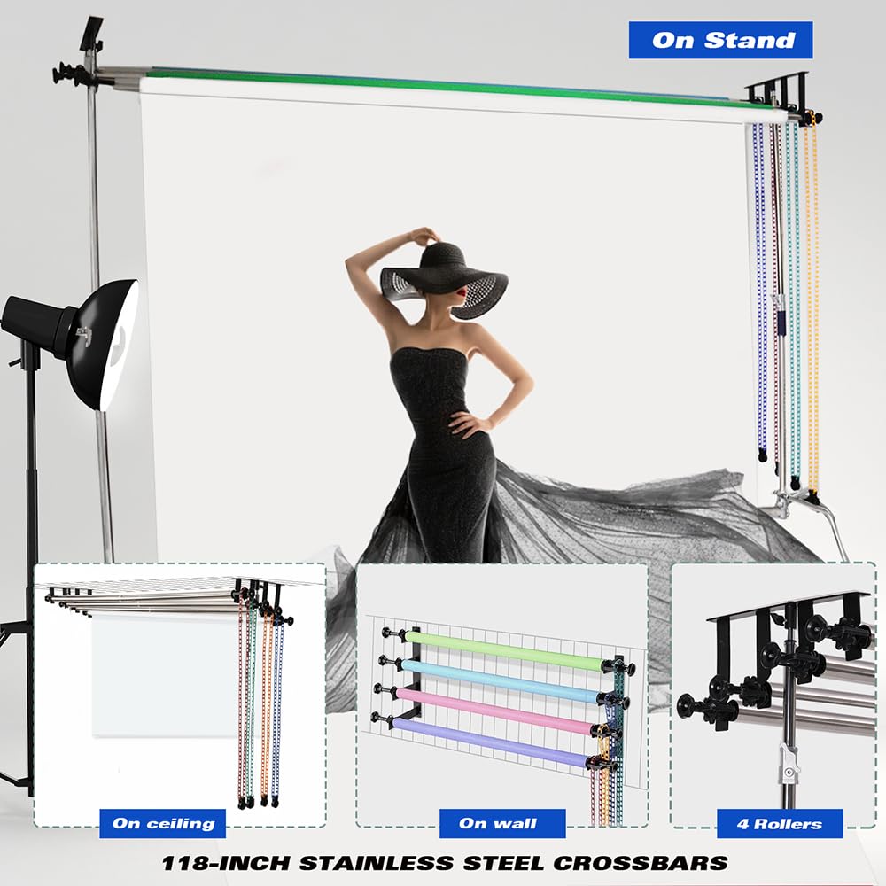 MagicLine Photography Backdrop 4 Roller Support System, 118 inch Stainless Steel Crossbars Manual Backdrop Stand,Wall/Ceiling/Light Stand Mount Background Holder for Home & Studio(Stability)