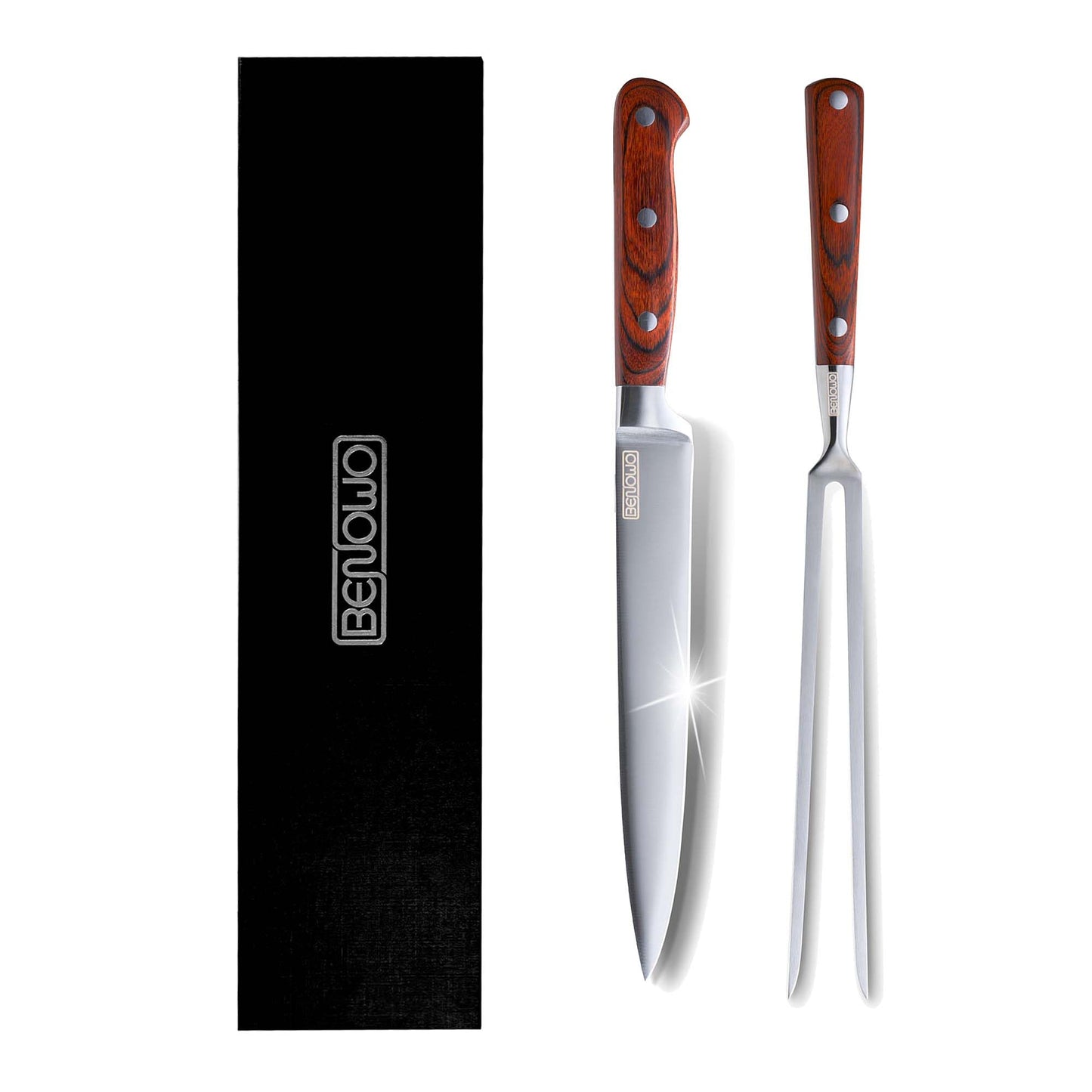 Benowo Carving Knife Set 2-Piece, 8-inch Turkey Carving Knife and Fork Set Stainless Steel Kitchen Knife for Steak, Hibachi Knife and Fork, BBQ Carving Fork with Gift Box – Designed in USA