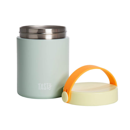 Tasty Food Jar with Folding Handle, Portable Snack Travel or Lunch Container, Stainless Steel Insulated Vacuum with Leak-Proof Lid, Keeps Food Hot or Cold for Hours, 15-Ounce, Aqua