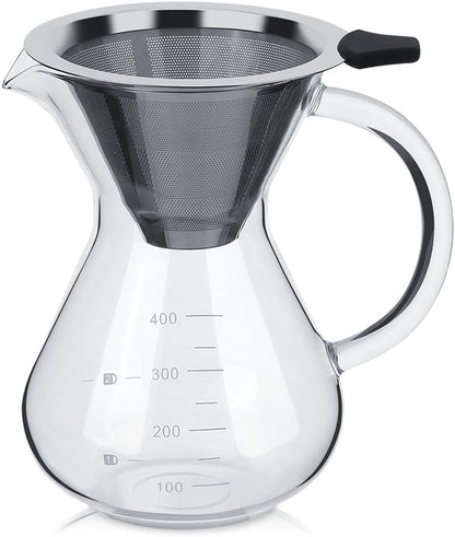 Glass Hand Drip Coffee Maker Pot, 400ML with Stainless Steel Permanent Filter and Scale