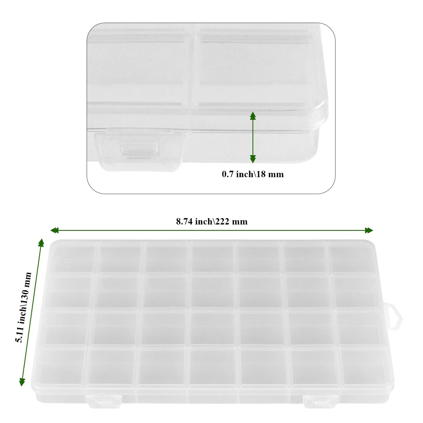 MAHIONG 20PCS 28 Grids Clear Plastic Organizer Box with Fixed Dividers for Beads, Fishing Tackles & Small Parts Storage (7.9x6.2x1.2in)