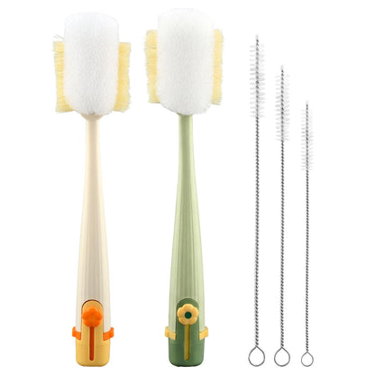 5 in 1 Bottle Cleaning Brush Set, Multifunctional Kitchen Lid Brush Cleaning Tool and Straw Cleaner, Long Handle Bottles Scrubber for Cup Lids, Hard Bristle Sponge Head Bottle Brushes