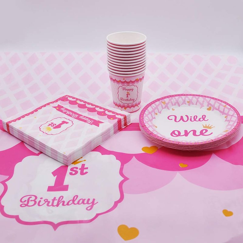 JOYIN 1st Girl Birthday Supplies Decoration Wild Set (Happy Banners, Hat, Foil Balloon Confetti Balloon, Cake Topper, Plates, Cups, Napkins, Tableware, Pom-poms Balls) for One Baby First Bday Party.