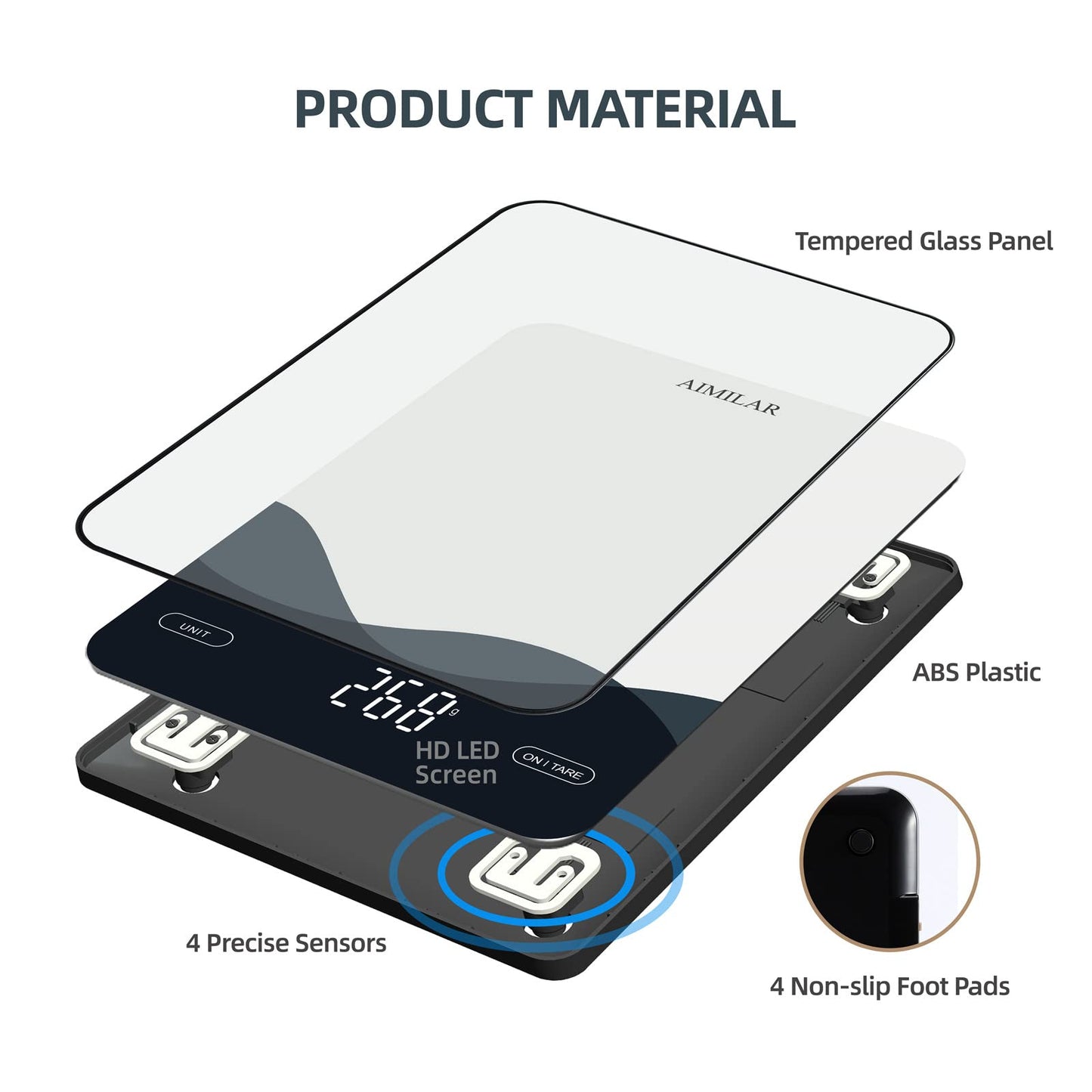 AIMILAR Digital Kitchen Scale 22lb/10kg USB-C Rechargeable, Tempered Glass Top Easy Clean, LED Touch Screen No Buttons, Auto Shut Off