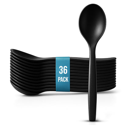 10" Black Plastic Serving Spoons for Buffet, Bulk 36 Count, Heavy Duty Disposable Spoon, Large Plastic Serving Utensils for Catering Supplies, Events, Party, Weddings & More - C&S Event Supply Co.