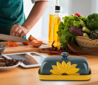 Butter Dish With Lid For Countertop Ceramic Butter Keeper Sunflower Butter Container Butter Holder Tray Large Covered Farmhouse