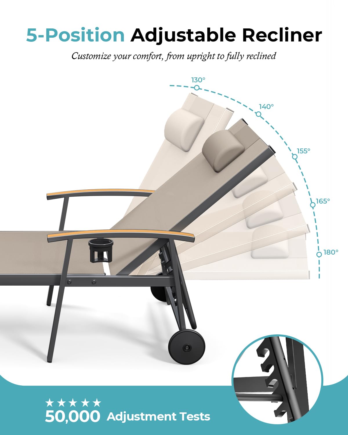 Ciokea Outdoor Lounge Chair with Pillow Set of 2, 5-Position Aluminum Chaise Lounge with Wheels & Armrests, 400 lbs Heavy Duty Patio Pool Chair for Backyard, Deck, Beach & Poolside, Khaki