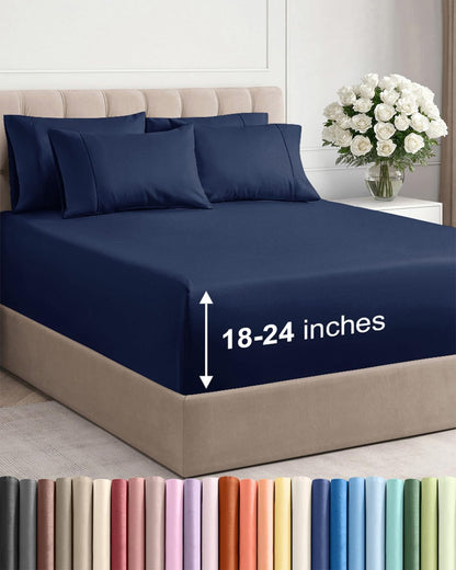 Skiennix Extra Deep King Sheet Set - 6 Piece Breathable Cooling Bedding - Soft Wrinkle-Free Navy Blue