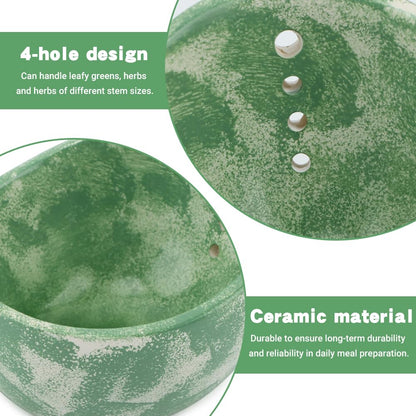 Pottery Herb Stripper Bowl, Handmade Herb Stripper Ceramic Bowl with 4-Slot Different Hole Sizes for Kale, Herbs & Broccoli, Efficient Peeling Off the Leafy Assembly(Green)