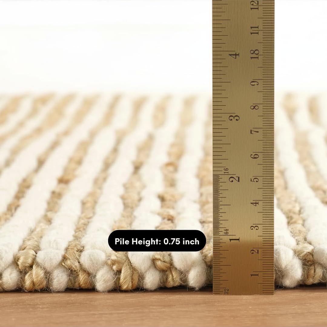 FRELISH DECOR Area Rug 6x9 feet - Premium Wool and Jute Blend Handwoven Rugs - Natural Fiber Chunky Stripe Design for Living Room, Bedroom, Hallways, Dining Area(6' x 9' - Natural Ivory)