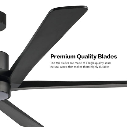 WINGBO 64" DC Ceiling Fan with Lights, 5 Carved Solid Wood Blades, 6-Speed Reversible DC Motor, Matte Black Finish Ceiling Fan with Remote, Black