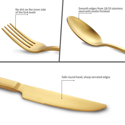 Kelenfer Stainless Steel Flatware Set Hand Forged 18/10 Silverware Set Cutlery Set Gold Cuboid Handle Matte Finished 60 Pieces Service for 12