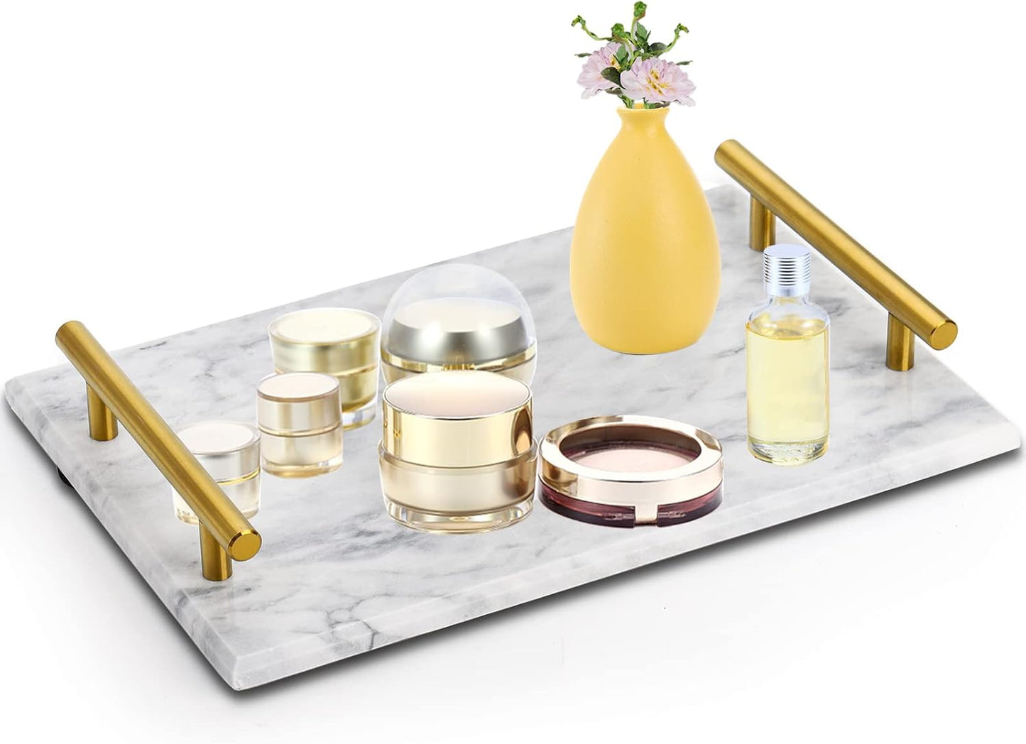 12" DEAYOU Decorative Tray with Gold Handles, Natural Marble Stone Tray, Nightstand Serving Tray with Metal Handle