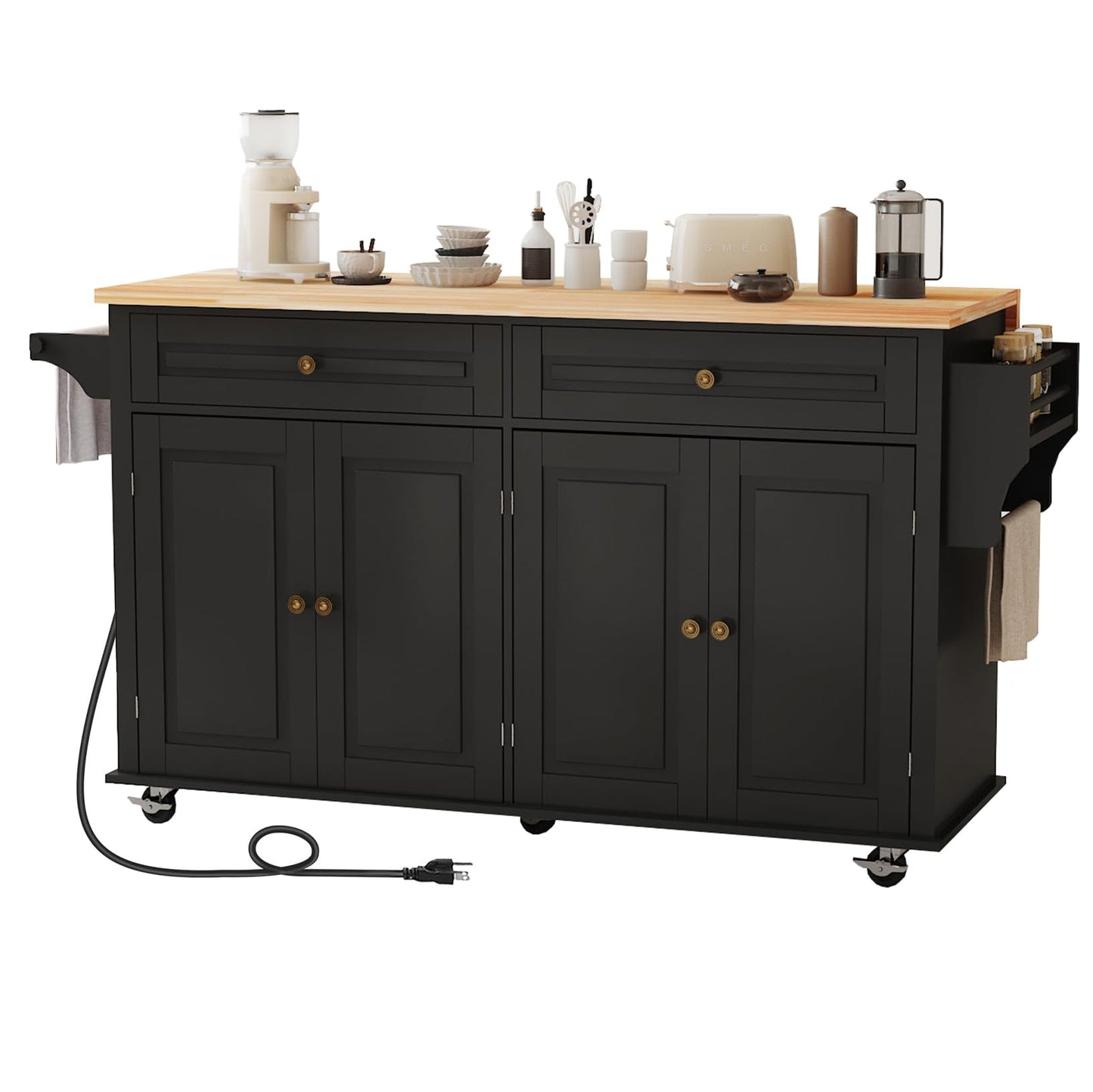 JassmiPkwy 67’’ Movable Kitchen Island with Drop Leaf and Power Outlet, Lockable Sliding Countertop Rolling Island Cart with 2 Large Drawers, Spice, Towel Rack,Black