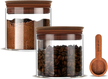 17 oz Sets 2 Coffee Canister with Scoop and Wooden Lids, Airtight Glass Coffee Beans Storage Container of for Ground