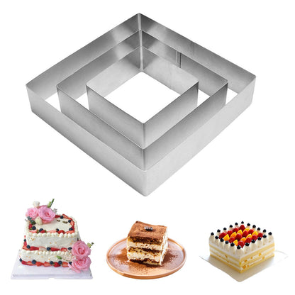 Cake Ring,Cake Mold,4/6/8 Inch Round Cake Mold, 3 Packs Rectangular Cookie Cutter Set, Stainless Steel Biscuit Cutters for Cooking Crumpets Eggs Pastry Mousse Desserts(Silver - Square)