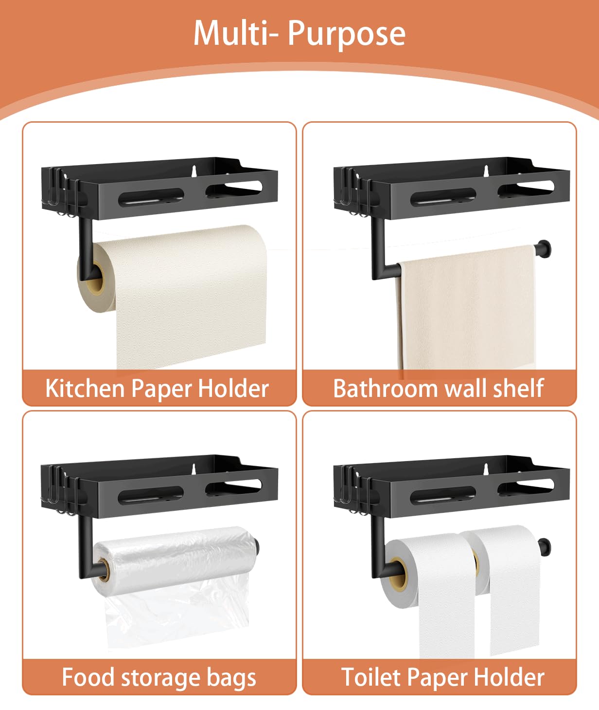 Paper Towel Holder Wall Mount for Kitchen, One-Handed Tear, Bathroom Paper Towel Holder with Shelf, RV Paper Towel Rack Wall Mount Paper Roll Holder with 4 Hooks, Matte Black