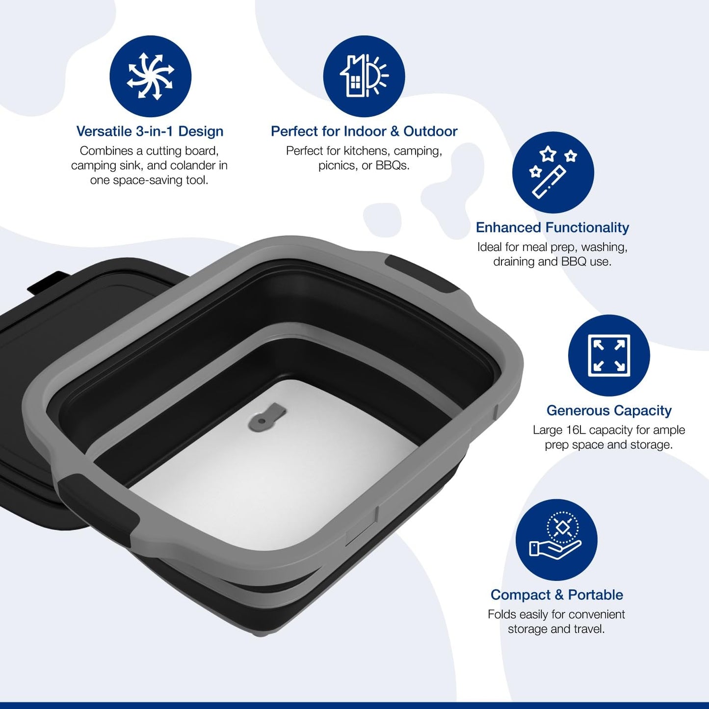 2-Pack XL Collapsible BBQ Prep Tub with Built-In Cutting Board, Lid & Strainer – Marinate, Drain & Prep – Large Food-Safe Container – Perfect for Grilling, Smoking & Outdoor Cooking (Black)