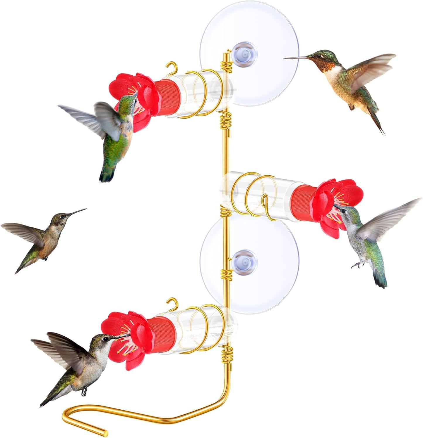 Window Hummingbird Feeder 3 Station, Handcrafted Copper Modern Feeder with Flower Ornament for Bird Lover Gift