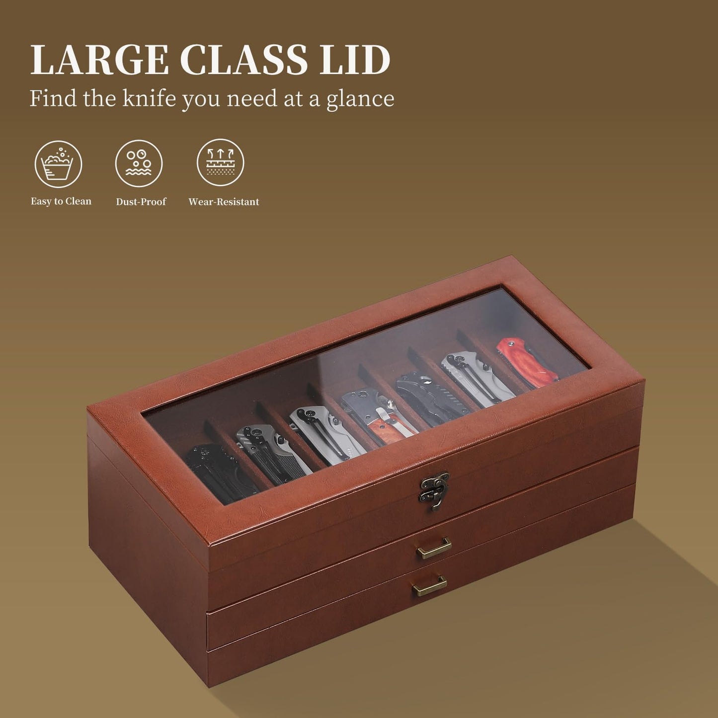 AUTOARK 3-Tier PU Leather & Velvet Knife Organizer with 26 Slots,Transparent Glass Top & Drawer,Compact Storage for Pocket Knives,Ideal for Men's Collections & Gifts,Coffee,MKAW013