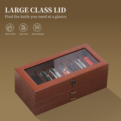 AUTOARK 3-Tier PU Leather & Velvet Knife Organizer with 26 Slots,Transparent Glass Top & Drawer,Compact Storage for Pocket Knives,Ideal for Men's Collections & Gifts,Coffee,MKAW013
