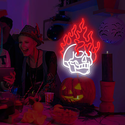 Skull Neon Signs for Bedroom Dimmable Neon Halloween Sign Skull Fire Neon Signs Skeleton Head Wall Decor Skull Led Neon Light Sign for Man Cave Beer Bar Club Game Room Halloween Party Decor Gifts