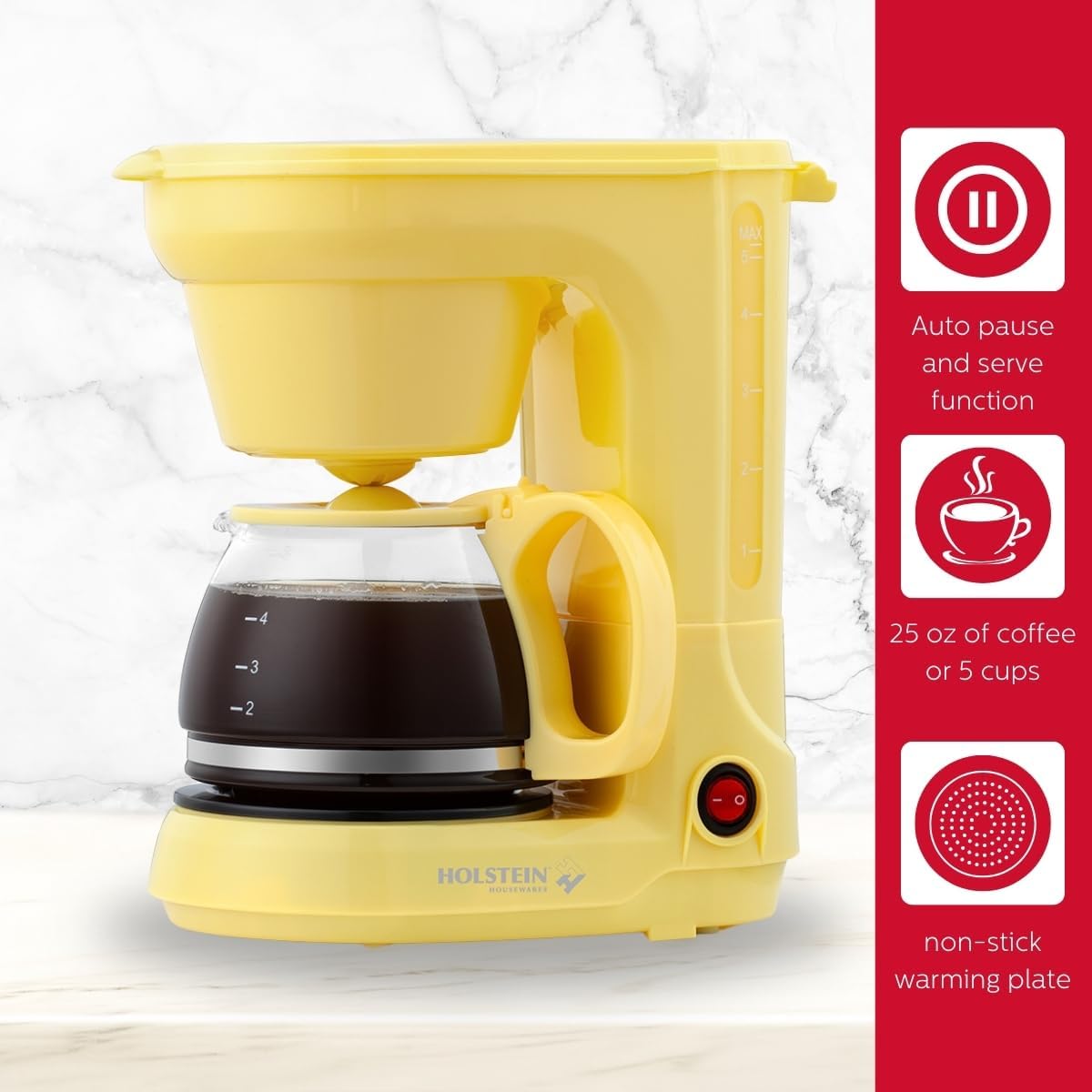 Holstein Housewares 5 Cup Drip Coffee Maker, User Friendly with Permanent Filter, Yellow