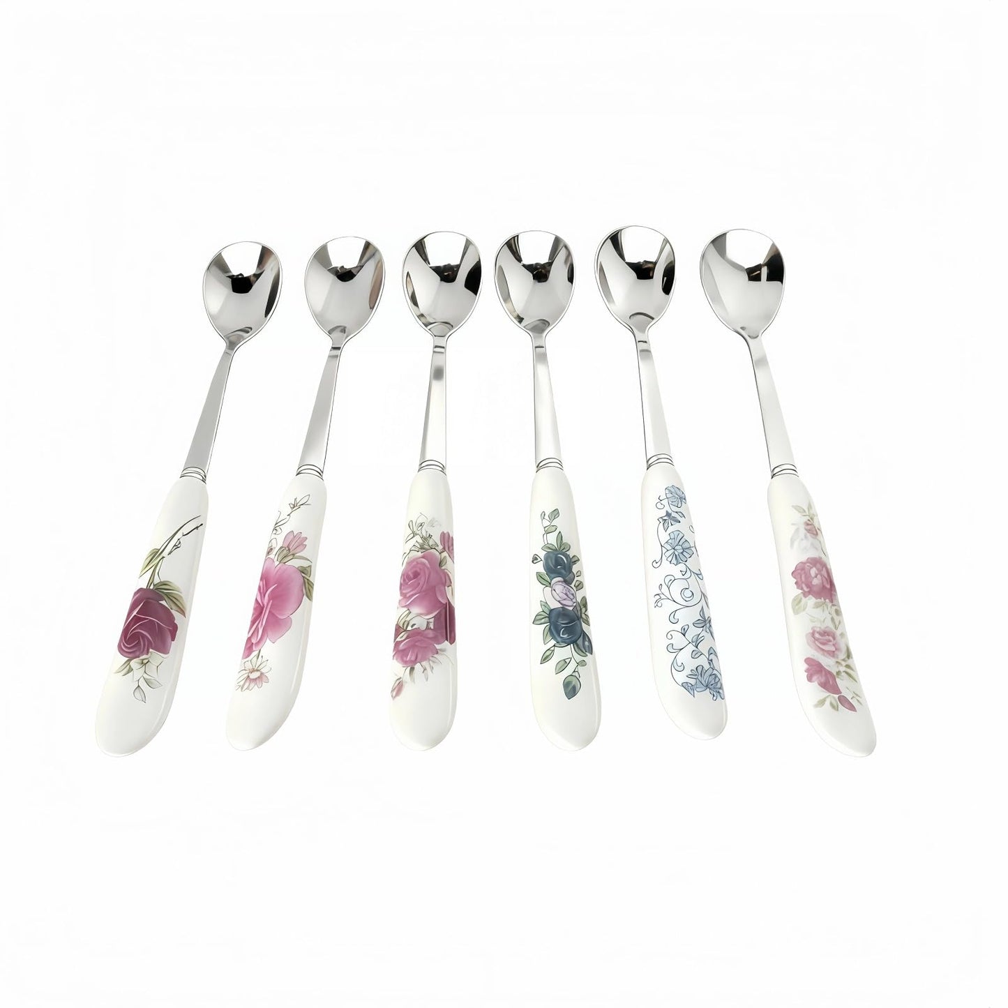 Hiiooweiyi 6-Piece Set of Stainless Steel Coffee Spoons Ceramic Handles Teaspoons Sugar Water Ice Cream Smoothies Spoons Soup Mixing Utensils