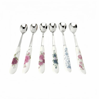 Hiiooweiyi 6-Piece Set of Stainless Steel Coffee Spoons Ceramic Handles Teaspoons Sugar Water Ice Cream Smoothies Spoons Soup Mixing Utensils