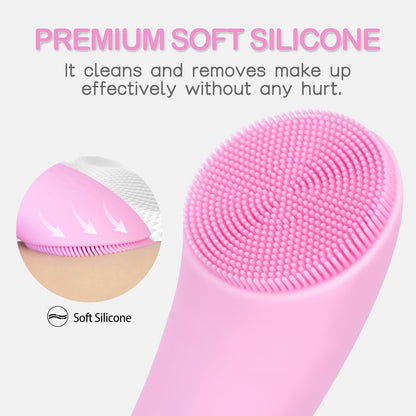 PRITECH Facial Cleansing Brush, Rechargeable Silicone Face Scrubber with Heat Massage End, Vibrating Exfoliator Scrubber for Deep Cleaning, Waterproof Face Brush for Women and Men (Pink)