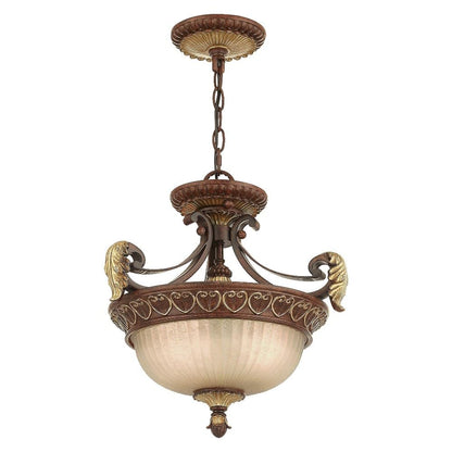 Livex Lighting 8577-63 Villa Verona 2 Light Verona Bronze Finish Flush Mount/Hanging Lantern with Aged Gold Leaf Accents and Rustic Art Glass