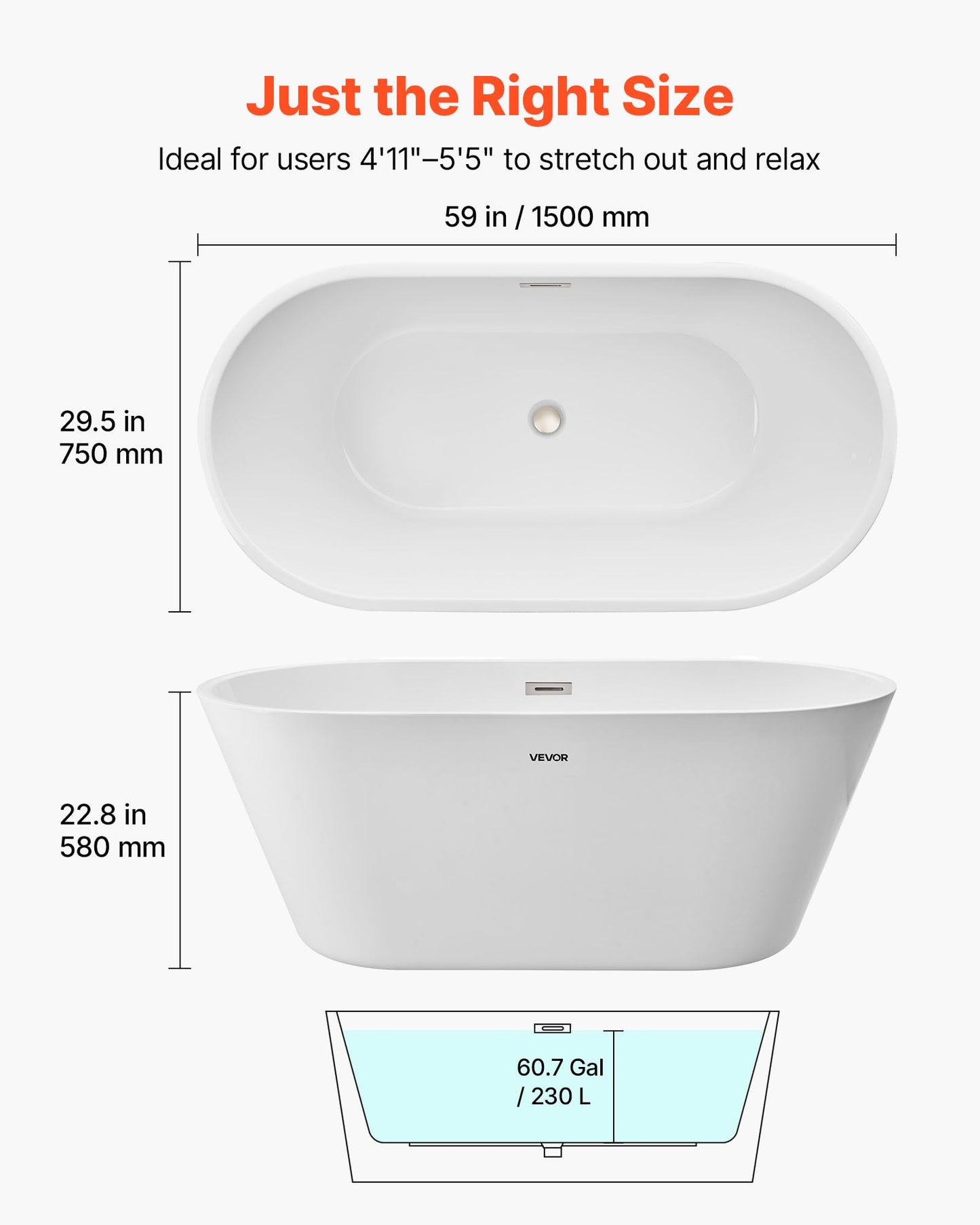 VEVOR Acrylic Freestanding Bathtub, 59 Inch Contemporary Soaking White Tub with Brushed Nickel Overflow and Drain, Elegant Oval Shape Stand Alone Soaker Tub for Modern Bathroom or Remodel Projects