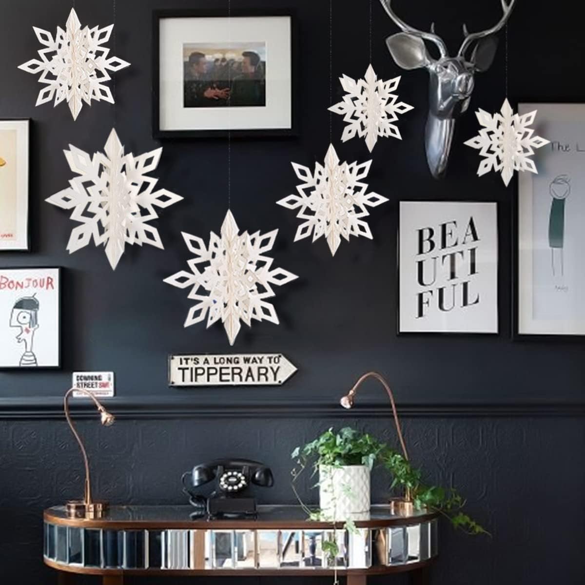 Winter Wonderland Frozen Party Decorations, 12pcs Hanging 3D Paper Snowflakes and Snowflake Garland for Christmas