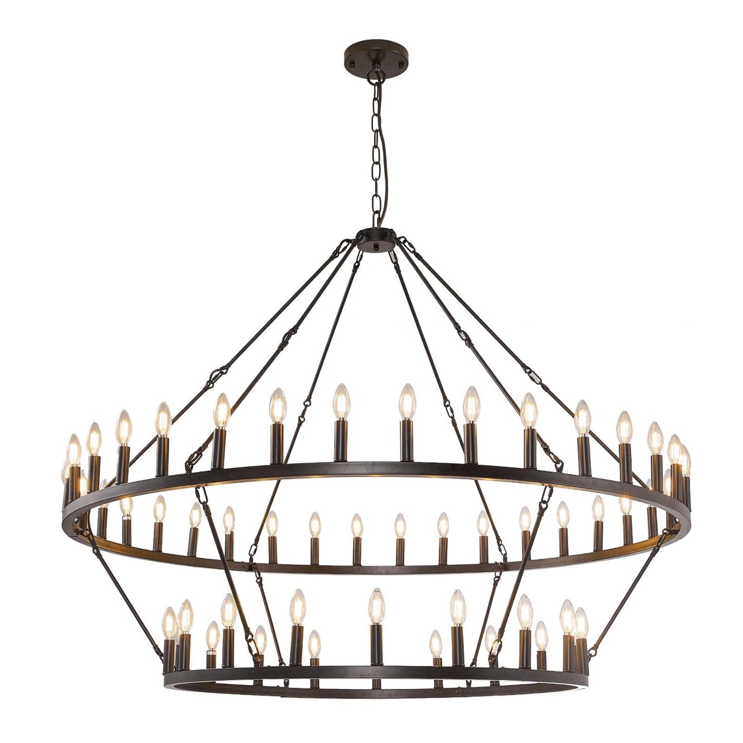 54-Lights 2 Tier Wagon Wheel Chandelier, 60" Large Chandeliers for High Ceilings, Round Black Chandeliers for Dining Room, Farmhouse Foyer Lighting Fixtures, for Living Room, Staircase, Entryway