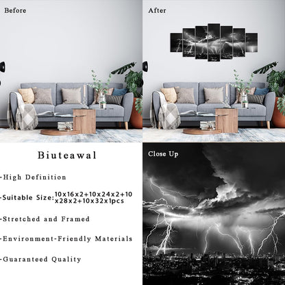 Biuteawal Large 7 Piece Black and White Wall Art Lightning Strikes Painting on Canvas Storm Cityscape Picture Print Nature and City Artwork for Home Office Bedroom Decoration