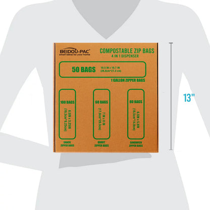 BEIDOU-PAC Compostable Combo Storage Zip Bags, 290 Count Resealable Variety Pack with Organizer, Reclosable Biodegradable Eco-Friendly Compost Snack, Sandwich, Quart, Gallon Assorted Size Bags