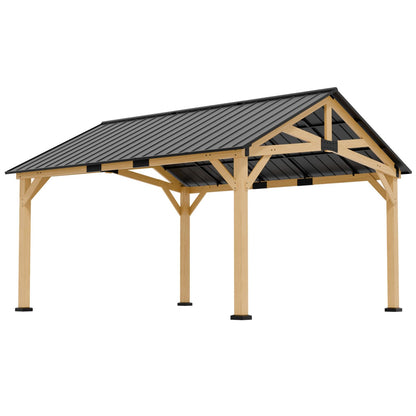COOS BAY 13x15 Hardtop Gazebo with Cedar Wood Frame, Post-and-Beam Gazebo Shelter, Galvanized Steel Gable Roof Outdoor Pavilion for Garden, Lawn, Poolside, Patio, Deck, Natural Wood/Black