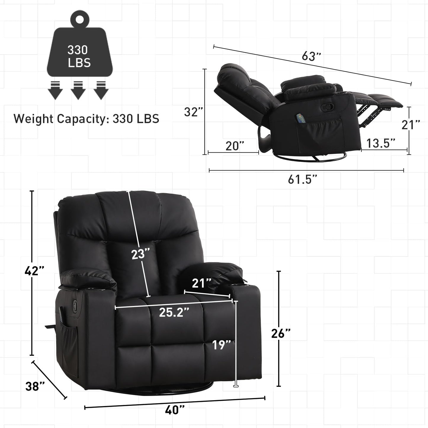 Bonzy Home Oversized Swivel Rocker Recliner, 40" Rocking Recliner Chair with Heated and Massage, PU Leather Single Sofa with Swivel Function, 2 Cup Holders for Living Room Bedroom, Black