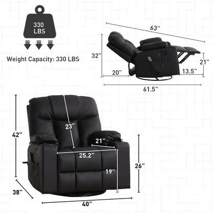 Bonzy Home Oversized Swivel Rocker Recliner, 40" Rocking Recliner Chair with Heated and Massage, PU Leather Single Sofa with Swivel Function, 2 Cup Holders for Living Room Bedroom, Black