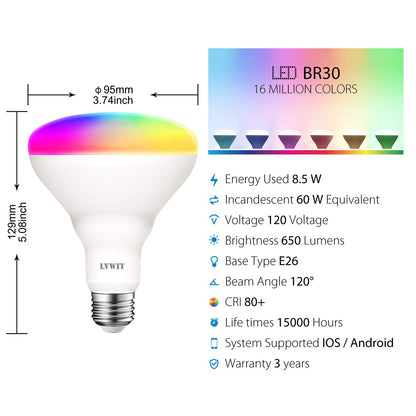 LVWIT Smart Light Bulbs Alexa, BR30 100W Equivalent, E26 Smart LED, Work with Google Assistant, Smart Life App, Tuya App, Dimmable 1300 Lumens RGB Color Changing Bulb (13W), No Hub Required, 4-Pack