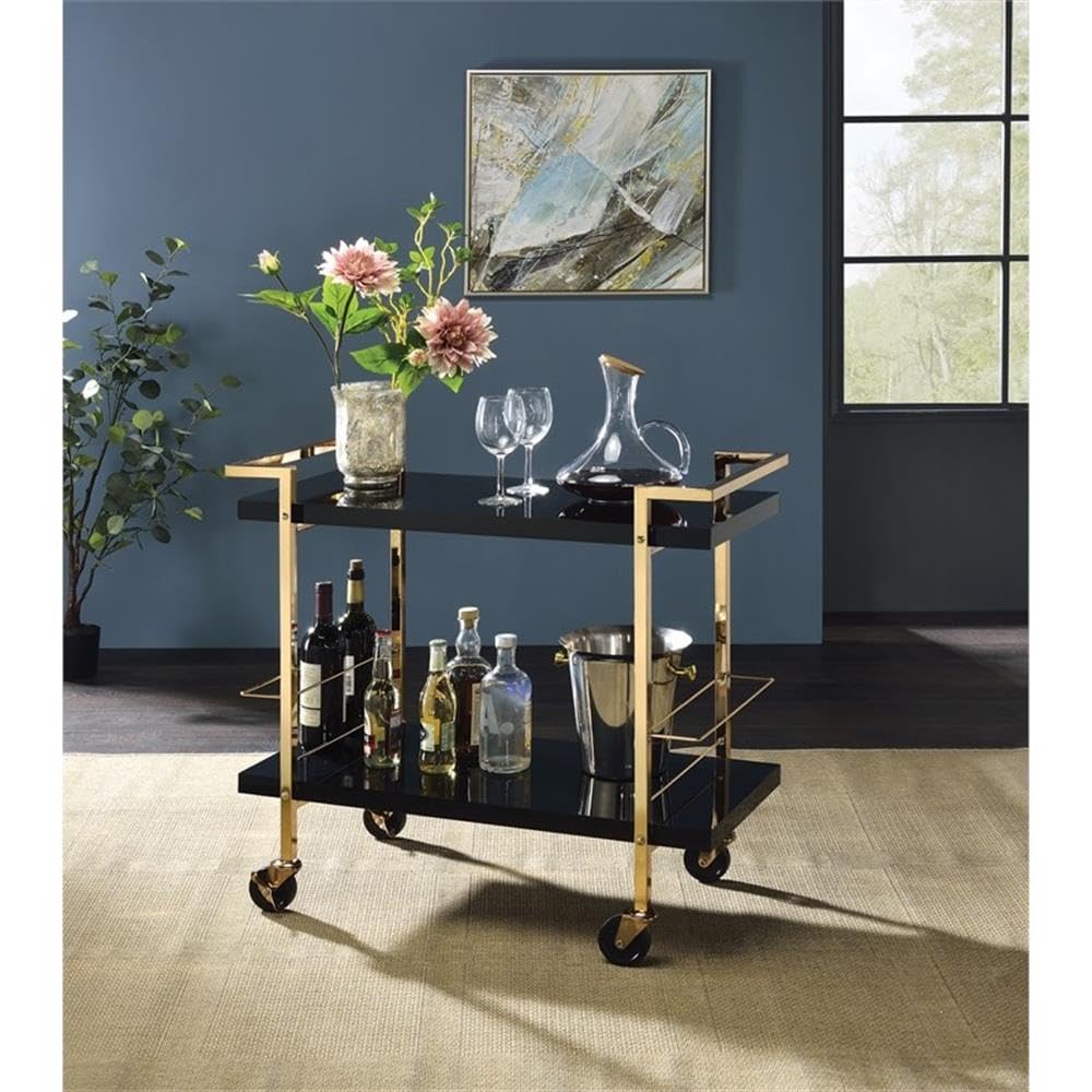 Pemberly Row Modern Serving Cart, Black Metal and Gold Frame, 32"W x 16"D x 30.5"H, 2-Tier Design, High-Sheen Laminate Surface, Locking Casters, Bottle Caddies, Bar and Cocktail Station for Parties